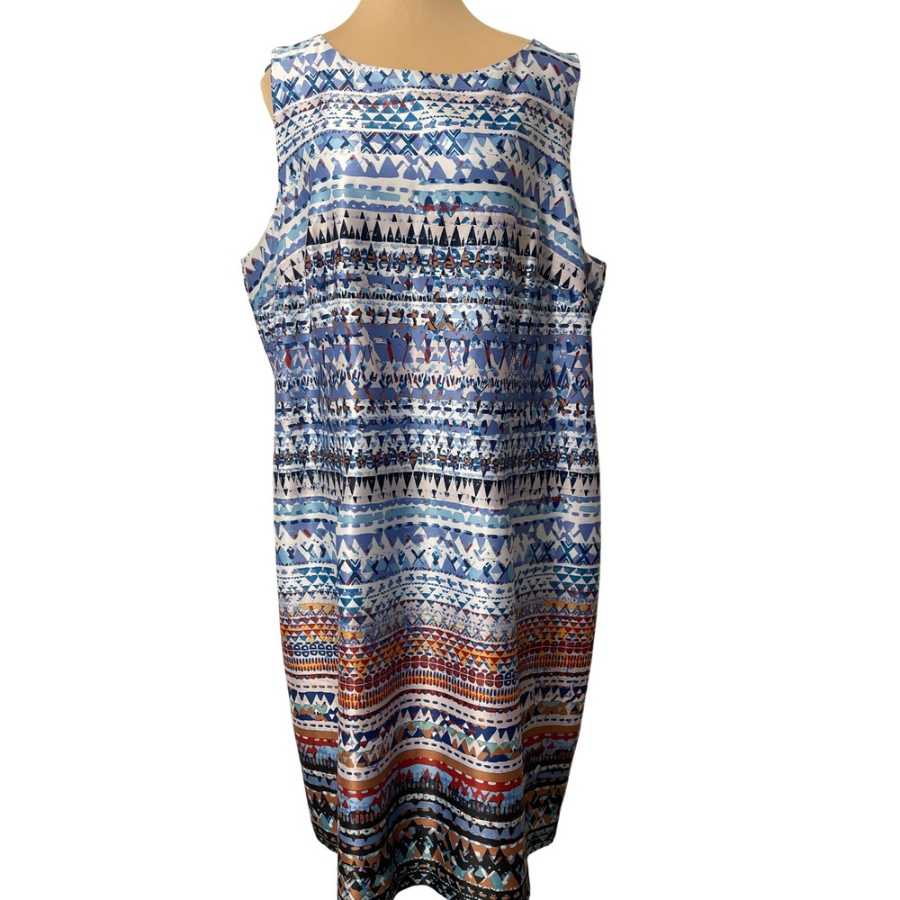 Leslie Fay Geometric Tribal Print Shift Dress 16W Blue Multi Boho Event